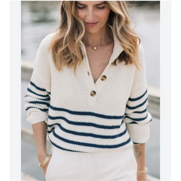 ABLE x Jess Ann Kirby Marin 100% Organic Cotton Striped Button Knit Sweater - Picture 13 of 14